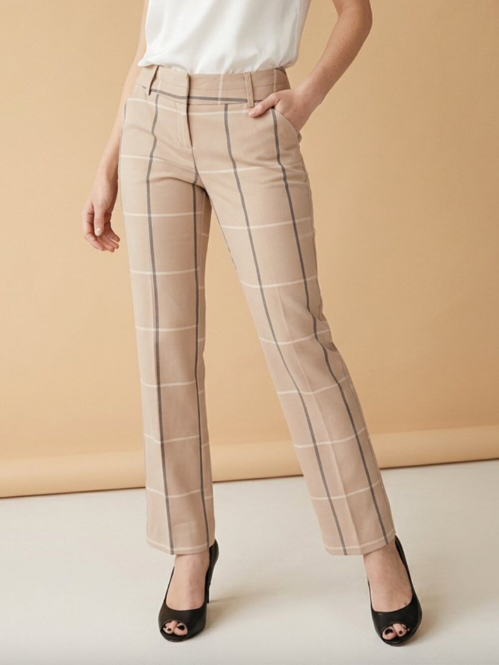 CATO Taupe Windowpane Plaid Straight-Leg Trouser Dress Pants Sz 6